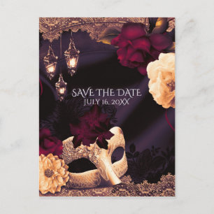 Carte Postale Faire-part Masque floral bordeaux et violet Enregistrez la da