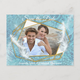 Carte Postale Faire-part Mélange de motif bleu, plumes et dentelle blanche