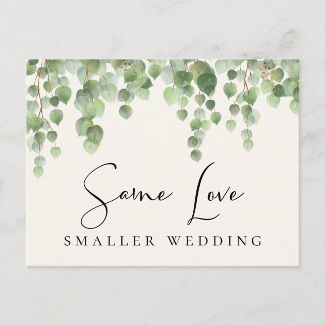 Carte Postale Faire-part Même amour, mariage plus petit, verdure d'eucalypt (Devant)