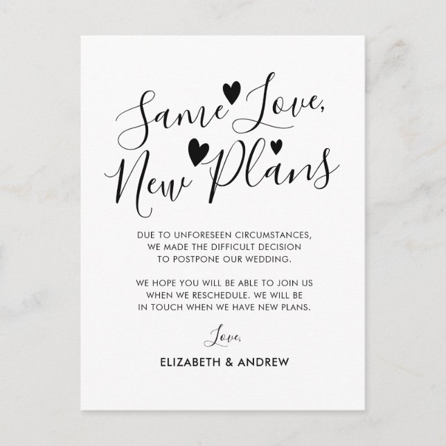 Carte Postale Faire-part Même Amour Nouveaux Plans Coeurs Mariage Postponem (Devant)