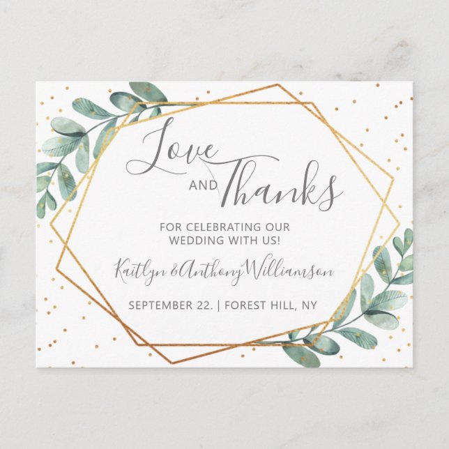 Carte Postale Faire-part Merci Mariage Eucalyptus Géométrique Gold Foil (Devant)