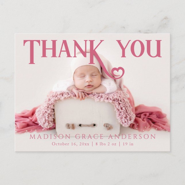 Carte Postale Faire-part Merci photo bébé Coeur moderne naissance (Devant)