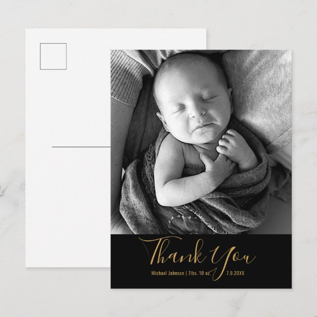 Carte Postale Faire-part Merci photo bébé simple Gold Script naissance (Devant / Derrière)