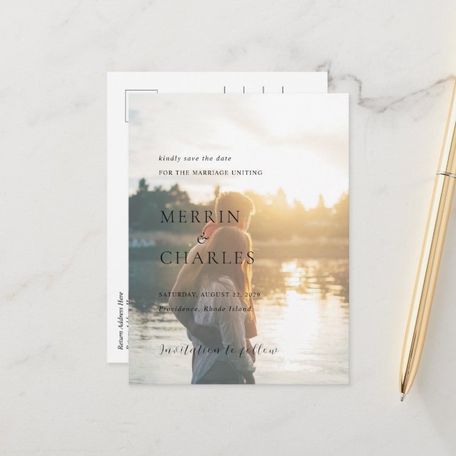 Carte Postale Faire-part Merrin Photo Mariage élégant Enregistrer la date (Devant/Arrière en situation)