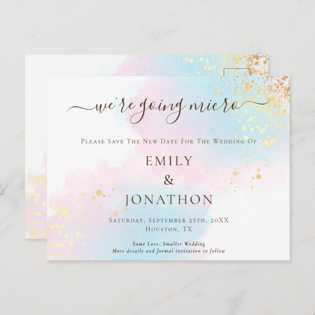 Carte Postale Faire-part Micro mariage bleu rose aquarelle Save The Date (Devant / Derrière)