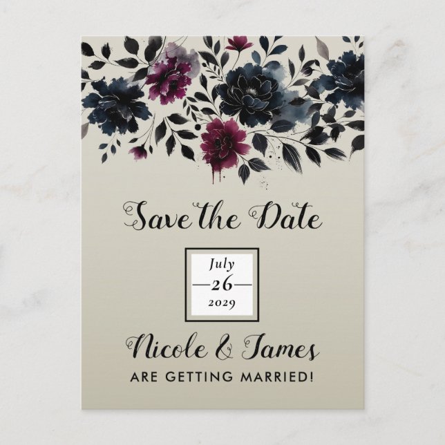 Carte Postale Faire-part Midnight Blue Bourgogne Inky Floral Almond Mariage (Devant)