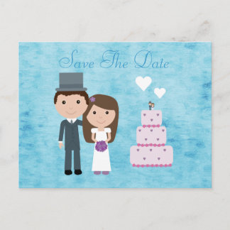 Carte Postale Faire-part Mignonne Mariée Cartoon, Groom & Gâteau Enregistre