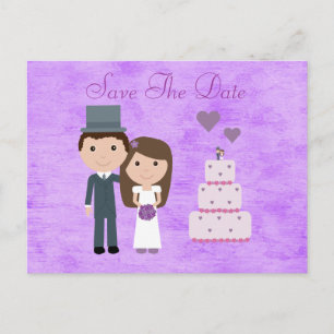 Carte Postale Faire-part Mignonne Mariée Cartoon, Groom & Gâteau Enregistre