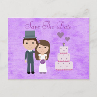 Carte Postale Faire-part Mignonne Mariée Cartoon, Groom & Gâteau Enregistre