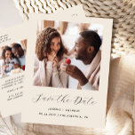 Carte Postale Faire-part Minimal 2-Photo Beige Enregistrer la date<br><div class="desc">Cette carte postale simple et minimaliste Save the Date présente une photo carré au-dessus des mots "Save the Date" dans un élégant script d'écriture en noir, suivie des noms du couple, date du mariage et ville en sans serif police sur un arrière - plan beige. Ajoutez une deuxième photo horizontale...</div>