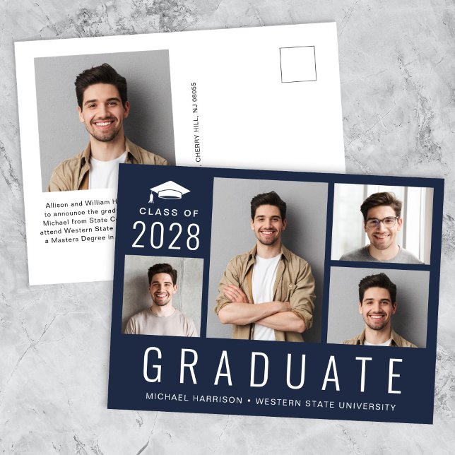 Carte Postale Faire-part Minimal moderne 5 photo Collage Bleu Graduation (Minimal Modern 5 Photo Collage Blue Graduation Announcement Postcard)