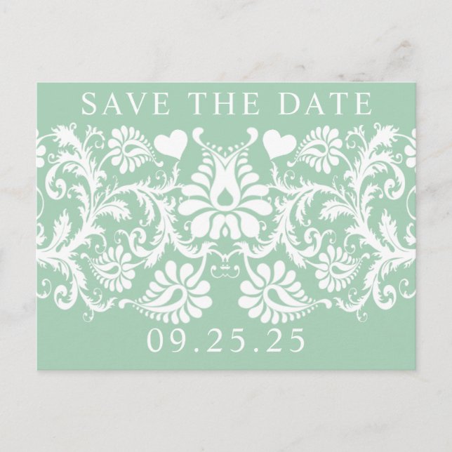 Carte Postale Faire-part Mint Damask unique Enregistrer la date (Devant)