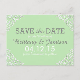 Carte Postale Faire-part Mint Green Damask Elegant Enregistrer la date Cart