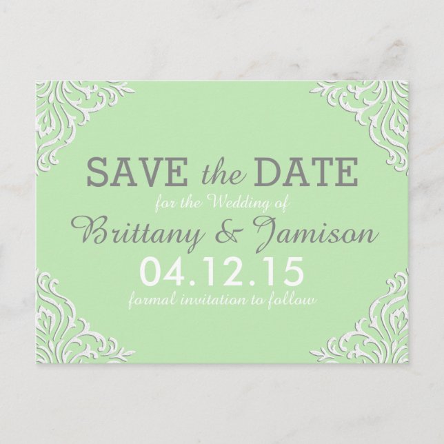 Carte Postale Faire-part Mint Green Damask Elegant Enregistrer la date Cart (Devant)