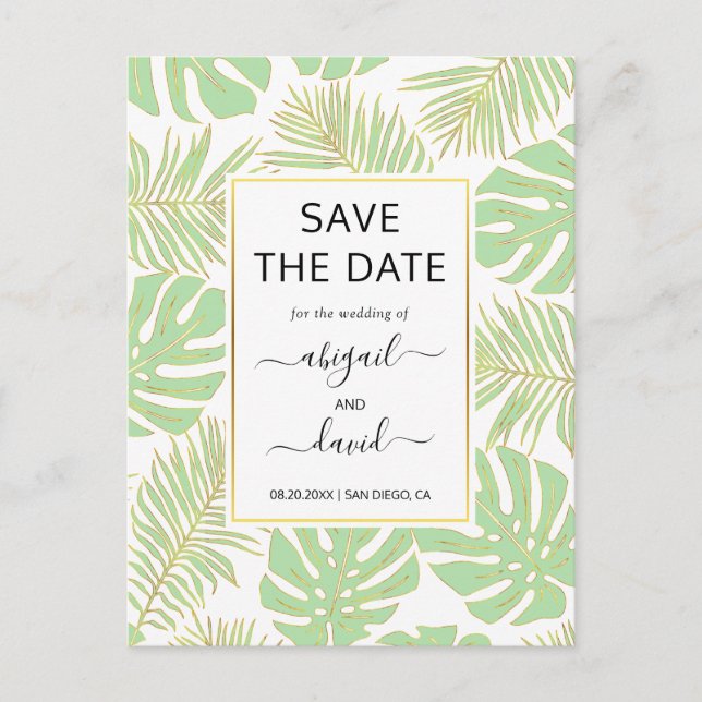 Carte Postale Faire-part Mint green tropical mariage feuille Enregistrer la (Devant)