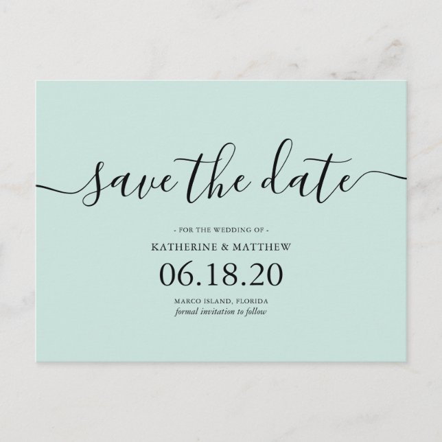 Carte Postale Faire-part Mint Modern Script Wedding Enregistrer la date (Devant)