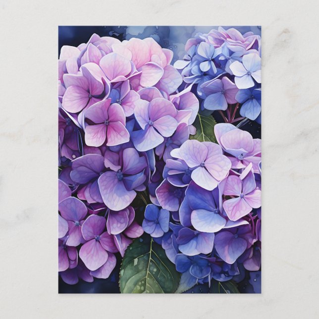 Carte Postale Faire-part Minuit Jardin Violet Hydrangea Aquarelle (Devant)