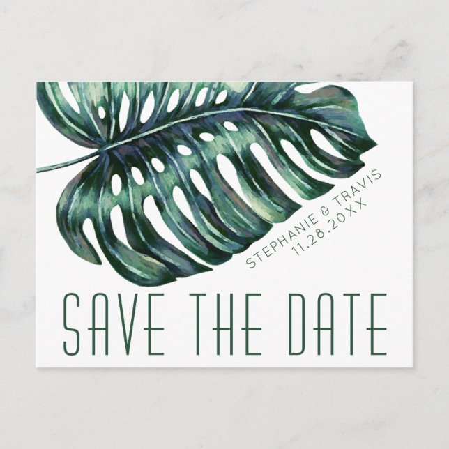 Carte Postale Faire-part Mod Tropics Monstera Leaf Enregistrer la date Cart (Devant)