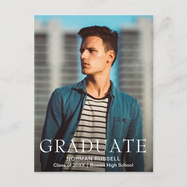 Carte Postale Faire-part Modern Bold Navy Blue Boy Photo Graduation (Devant)