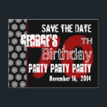 Carte Postale Faire-part Modern Save the Date 70th Birthday Party R201<br><div class="desc">Voici une carte postale tendance en noir et blanc avec des accents de rouge pour une fête de 70e anniversaire. Amusant ! Tout le texte est personnalisable.</div>