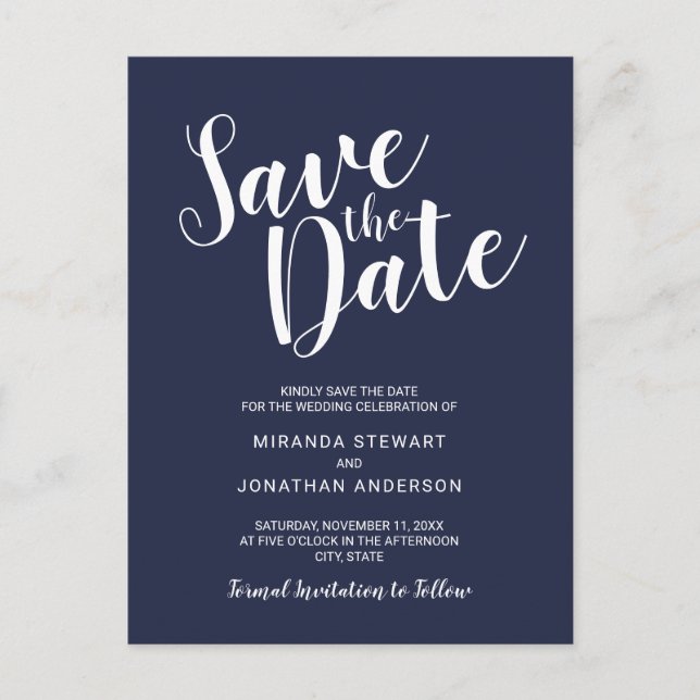 Carte Postale Faire-part Modern Script Marine Blue Wedding Enregistrer la d (Devant)