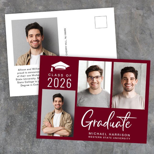 Carte Postale Faire-part Moderne 3 Photo Bold Script Bourgogne (Modern 3 Photo Bold Script Burgundy Graduation Announcement Postcard)