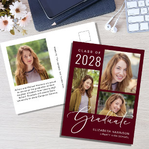 Carte Postale Faire-part Moderne 4 Photo Burgundy Red Graduation