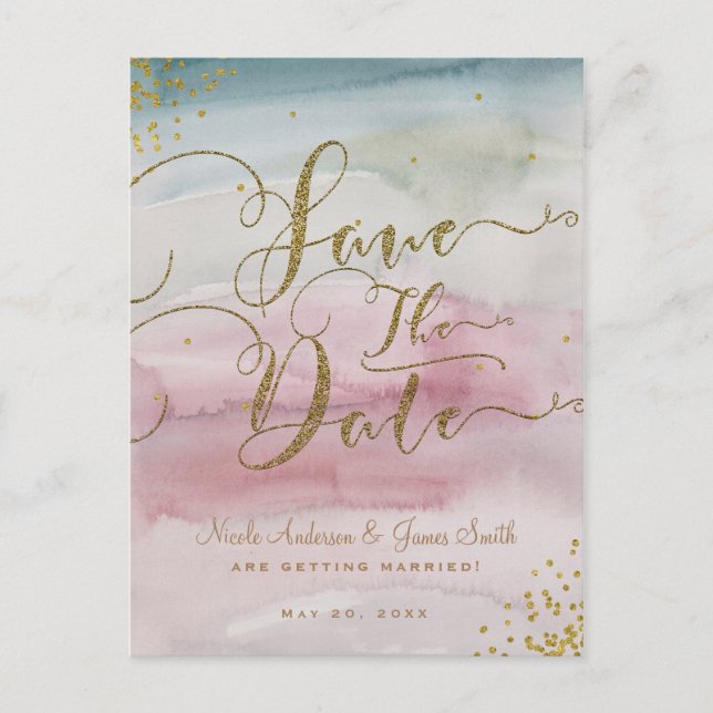 Carte Postale Faire-part Moderne aquarelle dorée Glam Save the Date (Devant)