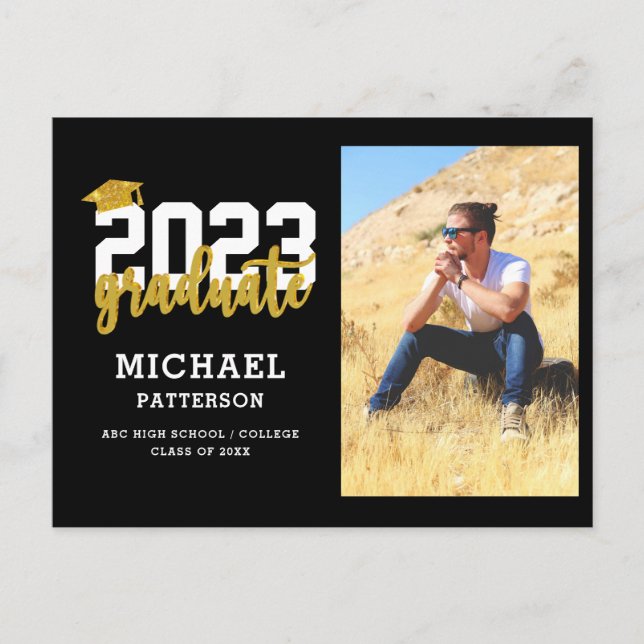 Carte Postale Faire-part Moderne Black Gold Script Photo Graduation (Devant)
