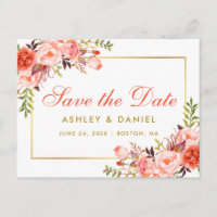 Moderne Corail Floral Or Save the Date
