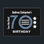 Carte Postale Faire-part Moderne Enregistrer la date 70e anniversaire fête<br><div class="desc">70e Anniversaire Bleu rayé et blanc nombre avec étoiles. Voici un anniversaire moderne et branché enregistrer le design de la carte postale de date avec des lettres amusantes. Tout le texte est personnalisable, vous pouvez donc personnaliser avec un nom, modifier l'année si vous le souhaitez, et ajouter les détails de...</div>