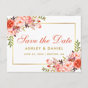 Carte Postale Faire-part Moderne Fleurs de Corail Or Save the Date