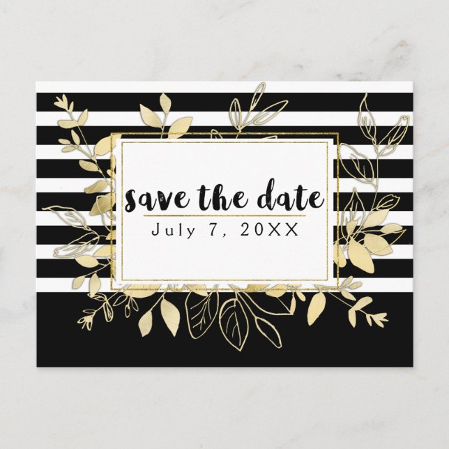 Carte Postale Faire-part Moderne Glamour Botanique Or Noir Save the Date (Devant)