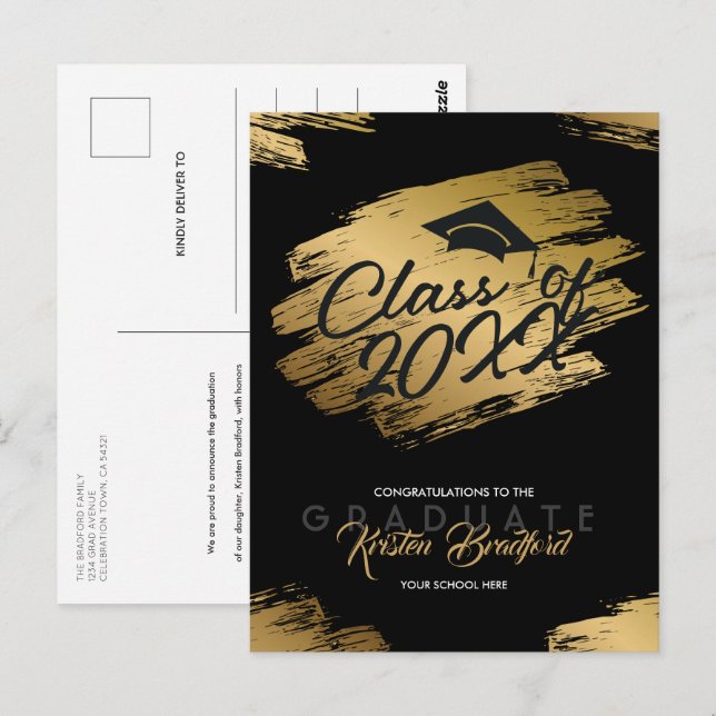 Carte Postale Faire-part moderne Gold Stroke Black Graduation (Devant / Derrière)