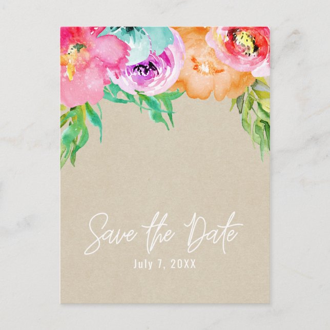 Carte Postale Faire-part Moderne Marron Floral Clair Kraft Save the Date (Devant)