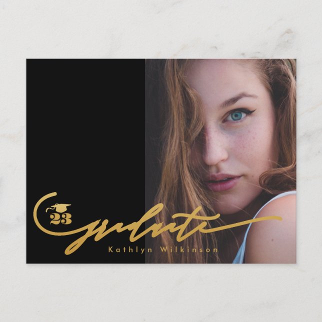 Carte Postale Faire-part Moderne or noir calligraphie chic photo GRAD (Devant)