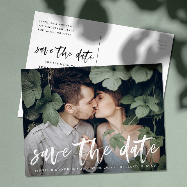 Carte Postale Faire-part Moderne Photo de Save The Date écriture Brosse (Créateur téléchargé)