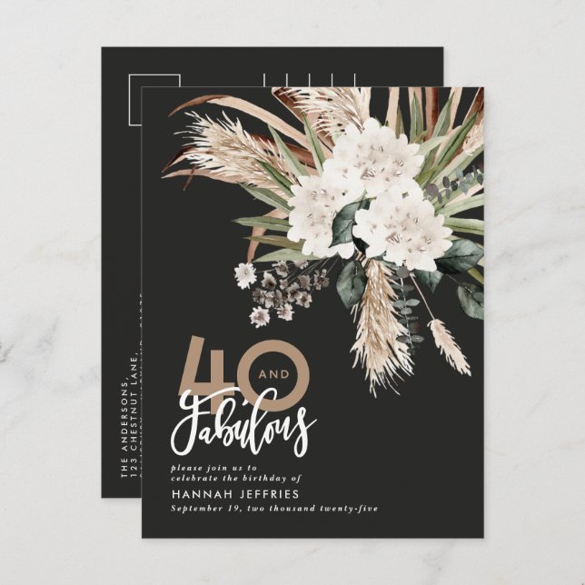 Carte Postale Faire-part Moderne rustique pampas eucalyptus 40 et fabuleux (Devant / Derrière)