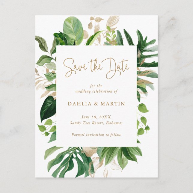 Carte Postale Faire-part Moderne save the date or vert tropical doré (Devant)