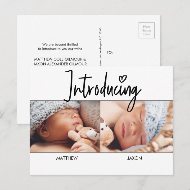 Carte Postale Faire-part Moderne Simple Introduire Script Twins photo garço (Devant / Derrière)