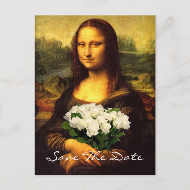 Carte Postale Faire-part Mona Lisa avec bouquet de roses blanches (Devant)