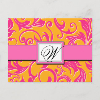 Carte Postale Faire-part Monogram Damask Orange Rose Wedding Enregistrer le