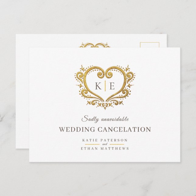 Carte Postale Faire-part Monogramme de cœur annulation de mariage or marron (Devant / Derrière)