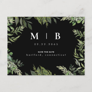 Carte Postale Faire-part Monogramme de feuillage contemporain noir Enregist