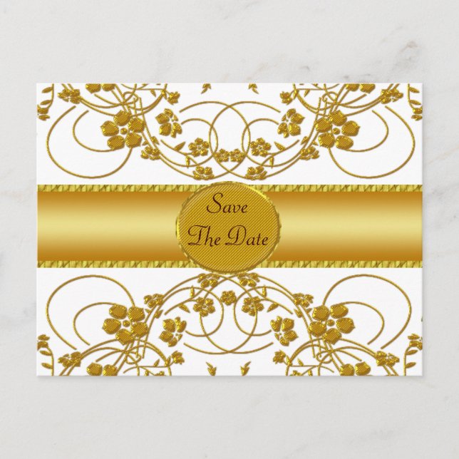 Carte Postale Faire-part Monogramme de mariage floral or et blanc (Devant)