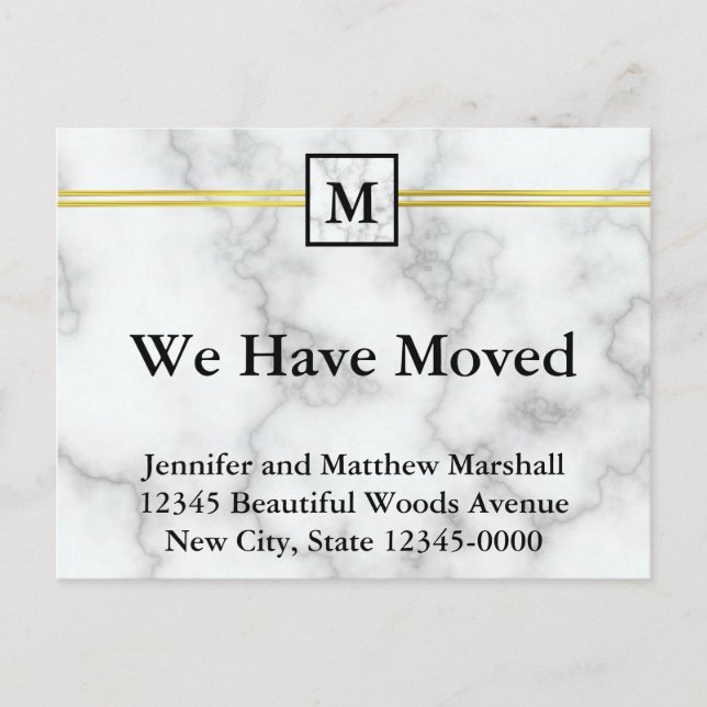 Carte Postale Faire-part Monogramme de nom de marbre blanc faux élégant dém (Devant)