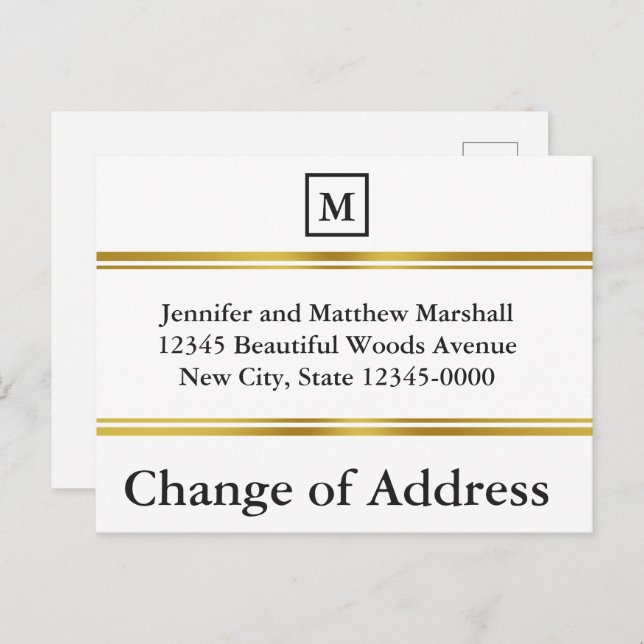 Carte Postale Faire-part Monogramme élégant blanc et or Changement d'adress (Devant / Derrière)
