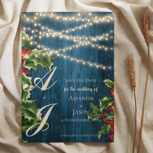 Carte Postale Faire-part Monogramme en bois bleu Noel Mariage de Noël Écono (Blue Wood Monogram Christmas Wedding Save The Date Announcement Postcard)