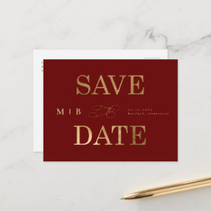 Carte Postale Faire-part Monogramme Or Mariage rouge profond Enregistrer la