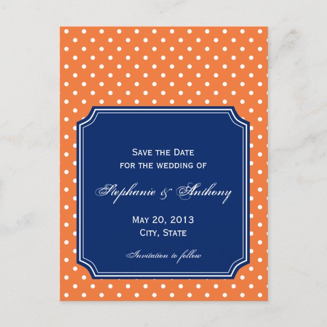 Carte Postale Faire-part Monogramme Orange, Point Blanc avec Bleu Royal (Devant)